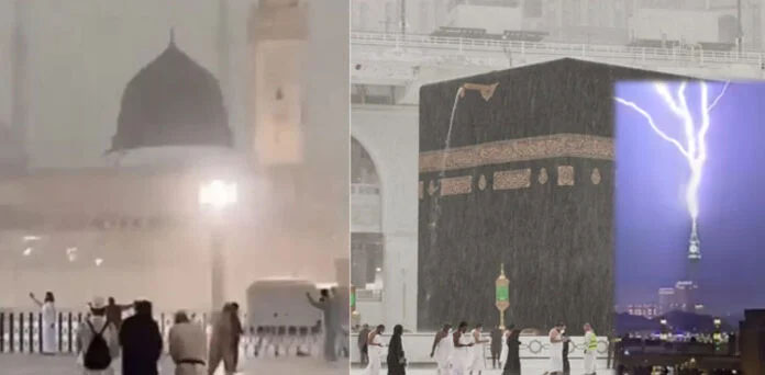 مکہ مکرمہ اور مدینہ منورہ میں موسلادھار بارش، زائرین کا طواف اور عبادت جاری